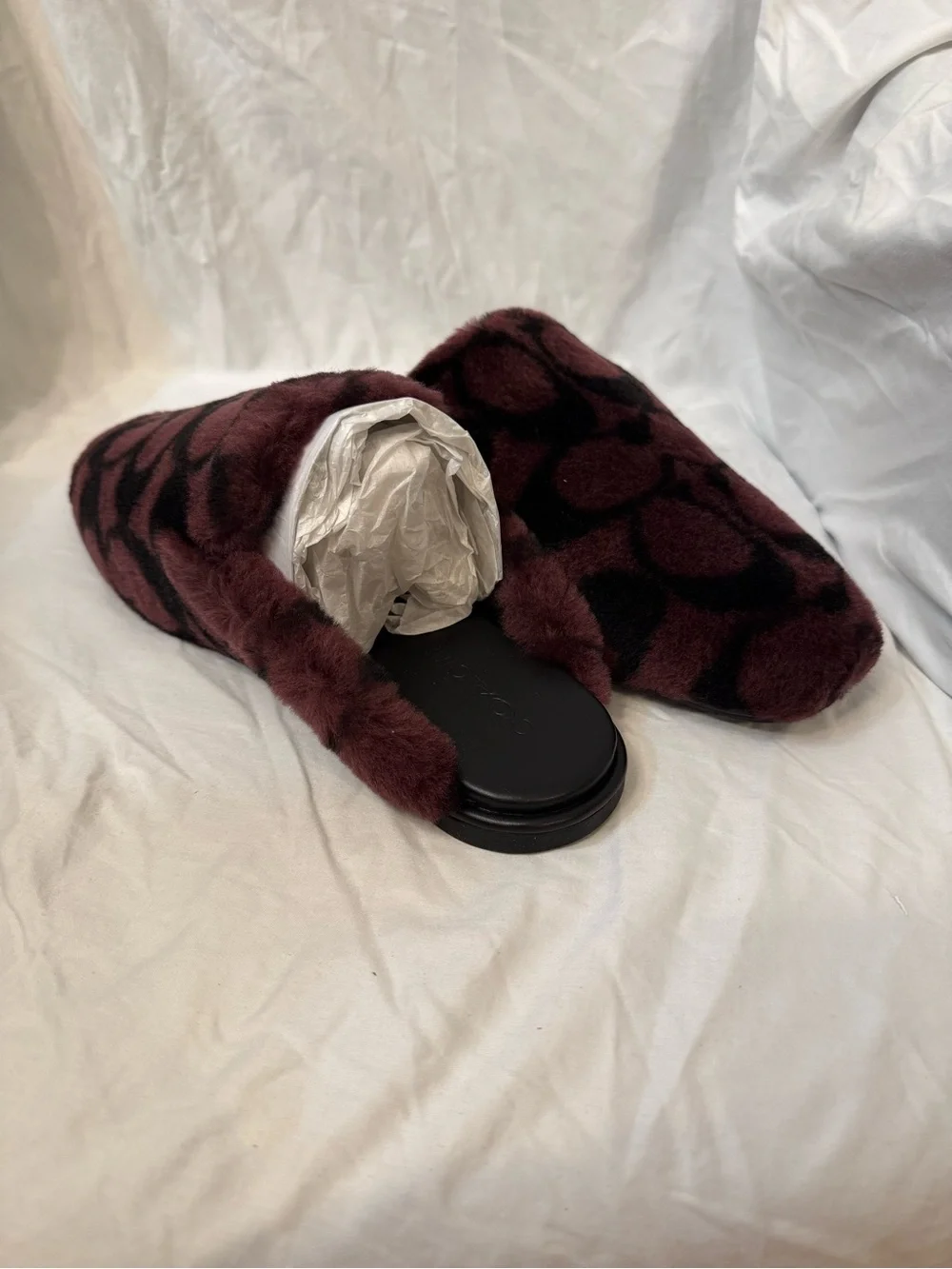Women's Burgundy and Black Faux-Fur Slide Slippers